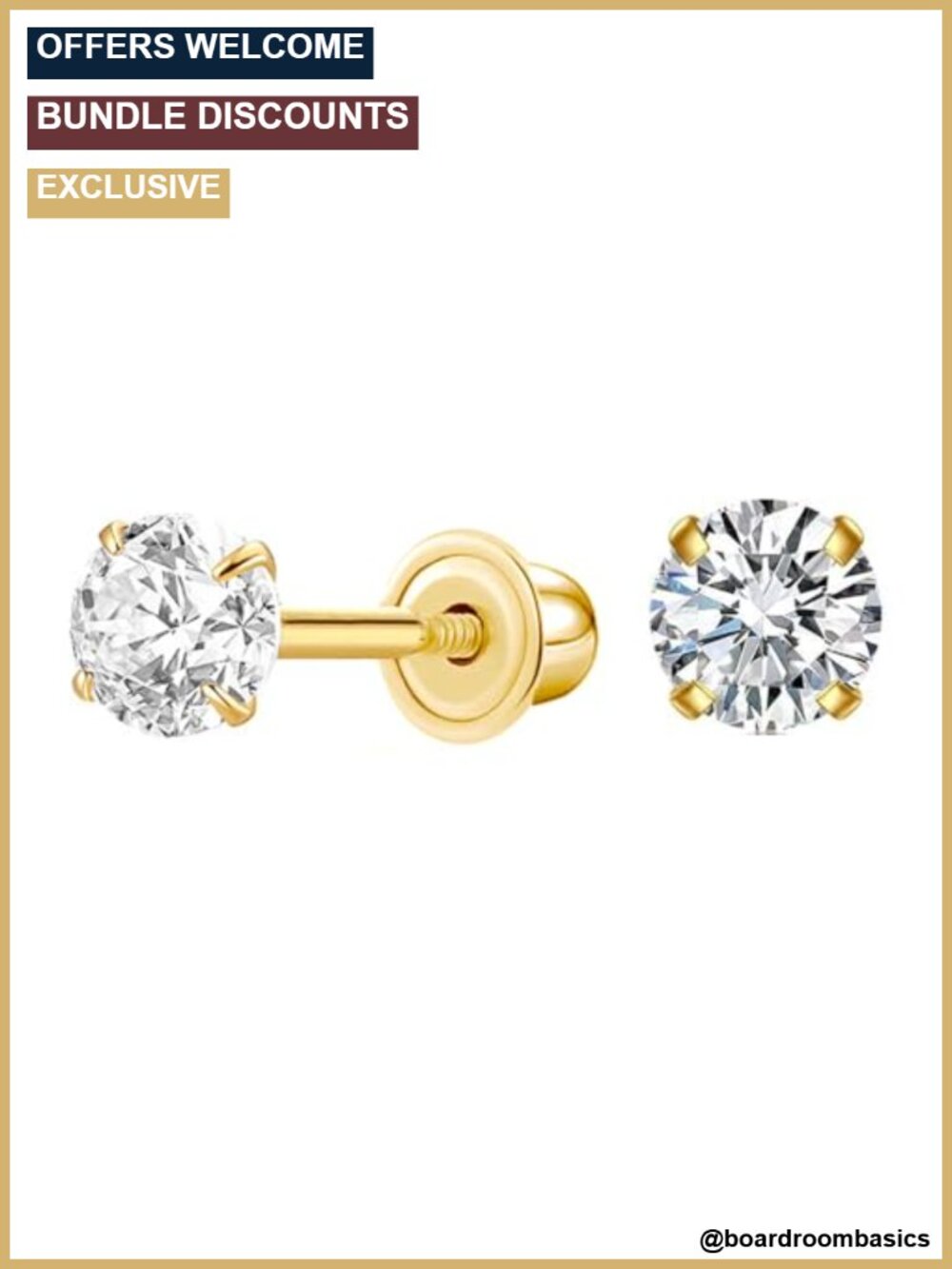 14K Yellow Gold Round Cubic Zirconia Stud Earrings Secure Screw-back
